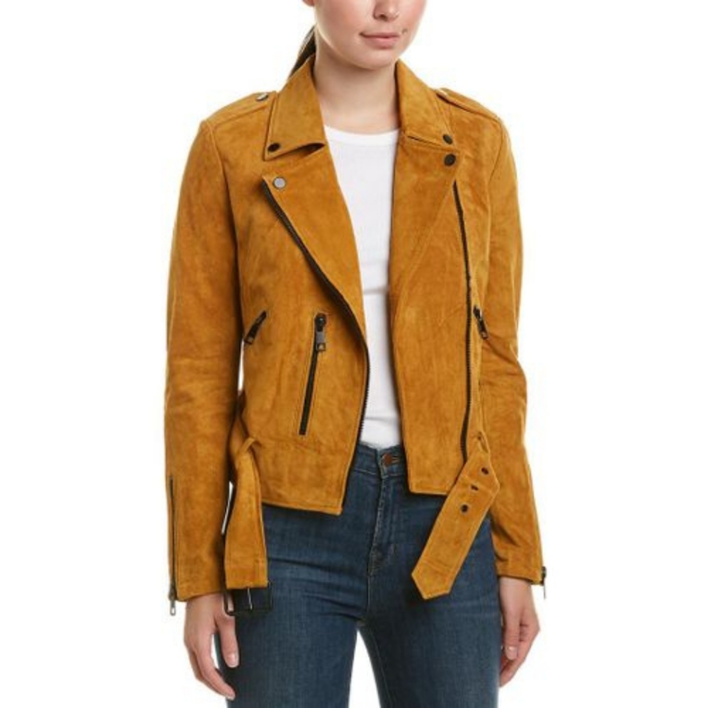 Bagatelle Women's Leather Suede Belted Biker Moto Jacket Size Small, Yellow Gold